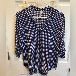 Navy and white checkered roll-tab button-up shirt
